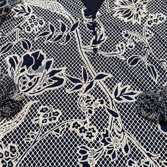 White House Black Market Matte Jersey Woven Sleeve Blouse in Officer Blue - Picture 4 of 7